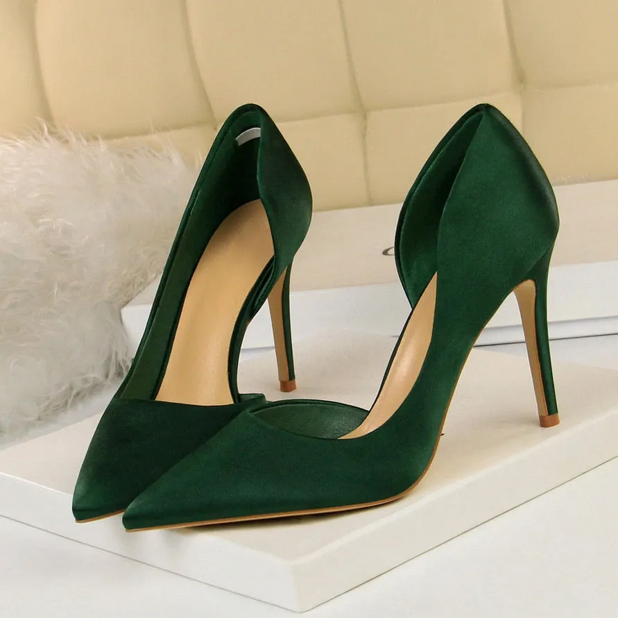 Amozae-Women 9.5cm High Heels Blue Pumps Satin Escarpins Luxury Stiletto Lady Shoes High Heels Scarpins Burgundy Green Prom Shoes