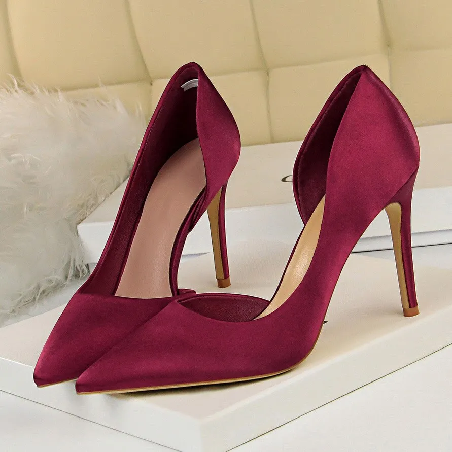 Amozae-Women 9.5cm High Heels Blue Pumps Satin Escarpins Luxury Stiletto Lady Shoes High Heels Scarpins Burgundy Green Prom Shoes