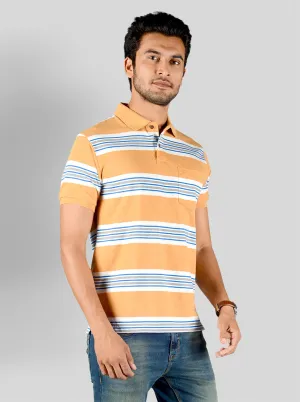 Honey Yellow & White Striped Slim Fit Polo T-shirt | Greenfibre