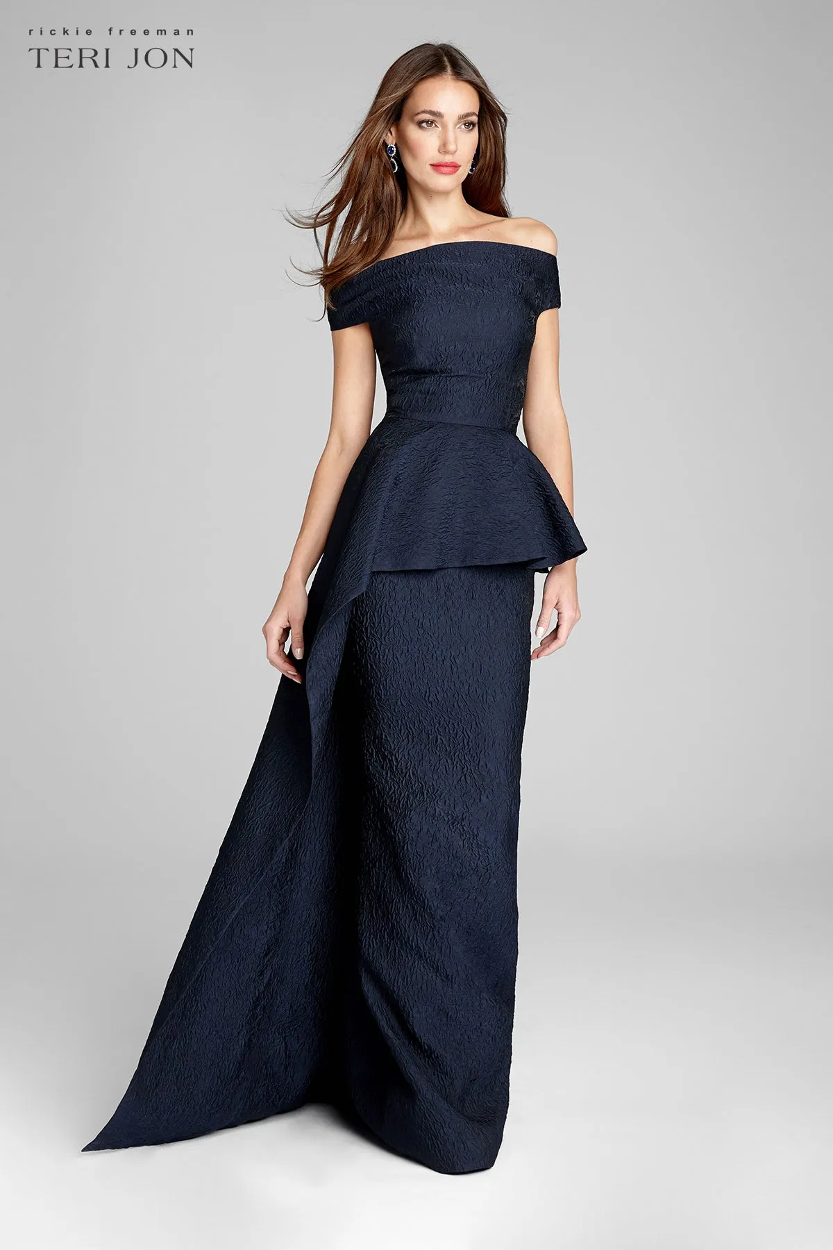 Jacquard Off The Shoulder Side Drape Overlay Gown