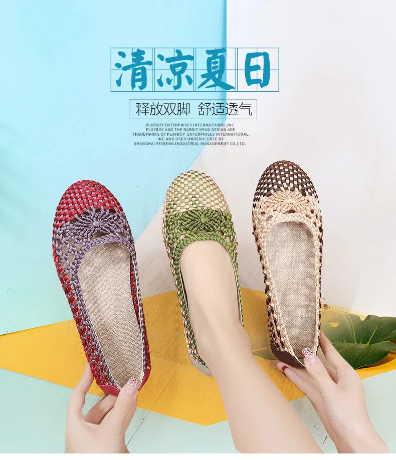 Owlkay Summer Fashion Casual Mesh Lofaers Hollow Breathable Weaving  Mom Shoes